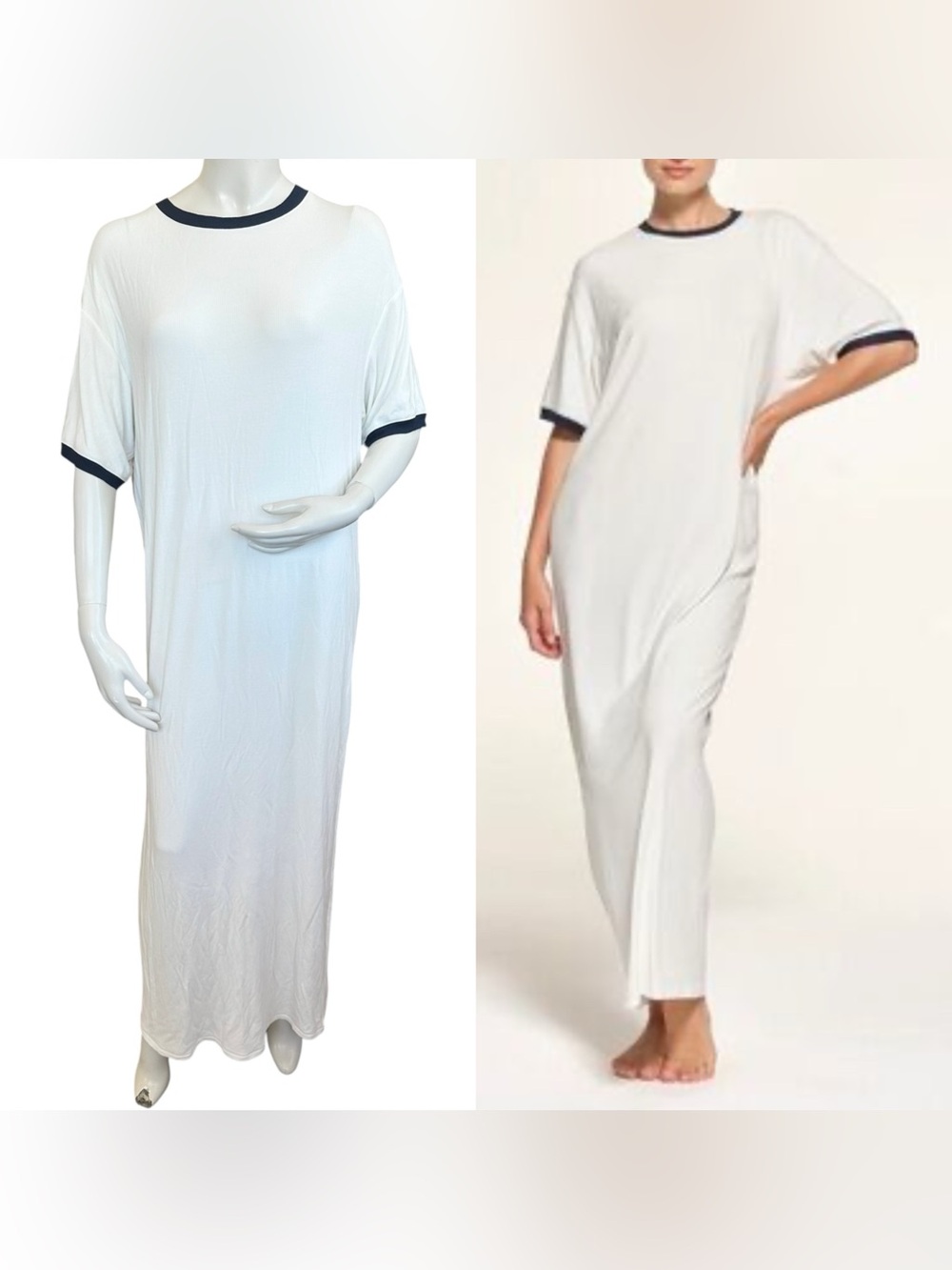 Skims White Navy Blue Trim Oversized Ribbed Soft Lounge Long TShirt Dress Small